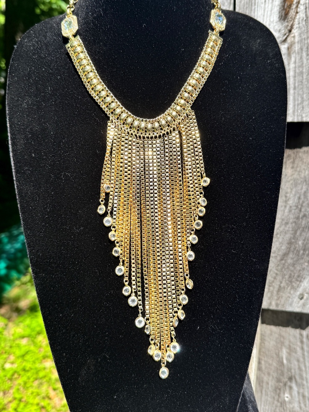 Signed R.J. Graziano Gold Crystal Fringe Statement Necklace